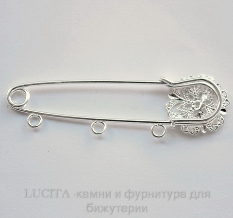 Основа для броши c филигранью и 3 петельками (цвет - серебро) 74х21 мм ()