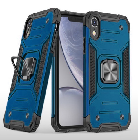 Противоударный чехол для iPhone XR синий с пластиной для магнитного автодержателя и кольцом подставкой