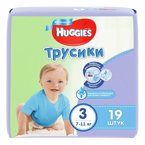 Подгузники-трусики HUGGIES д/мальчиков 7-11 кг 19 шт №3 РОССИЯ