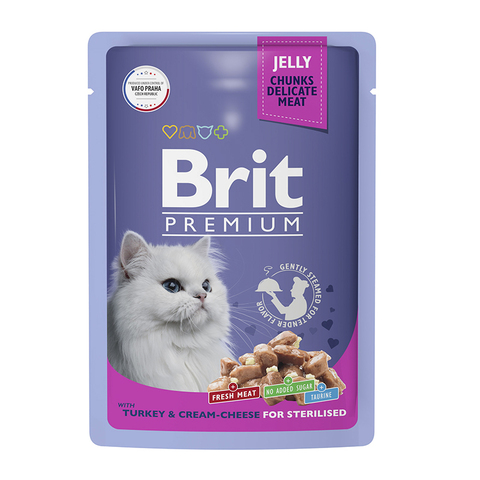 Влажный корм Brit Premium индейка и крем-сыр в желе для кастр. кошек 85 г (Брит Пауч)