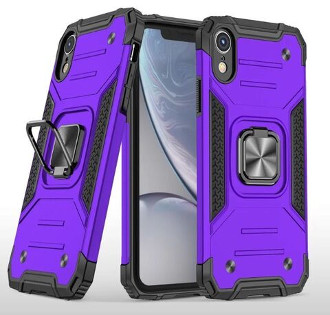 Противоударный чехол для iPhone XR фиолетовый с пластиной для магнитного автодержателя и кольцом подставкой