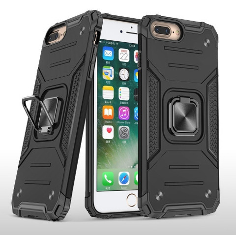 Противоударный чехол для iPhone 6 plus / 7 plus / 8 plus черный с пластиной для магнитного автодержателя и кольцом подставкой