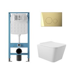 Aqueduto AQDS234 AQD комплект: TECNICA Novo Система инсталляции для подвесного унитаза, CIRCULO Novo Панель смыва, шлифованное золото, MACIO Унитаз подвесной 520*370 безободковый, сиденье с микролифтом, белый глянцевый фото