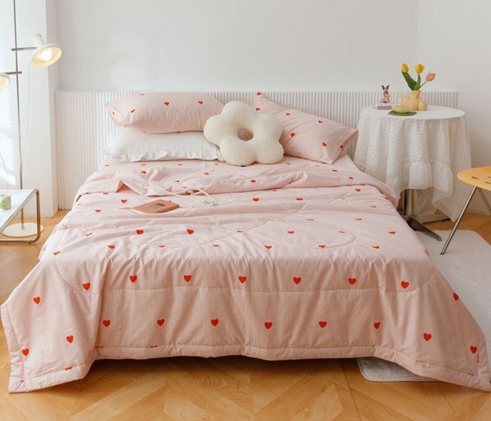 Постельное белье Хлопок с летним одеялом, розовый сердечки