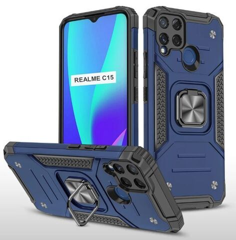 Противоударный чехол для Realme C15 синий с пластиной для магнитного автодержателя и кольцом подставкой, чехол на Реалми С15