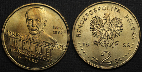 Жетон 2 злотых 1999 года Польша Польские путешественники и исследователи: Эрнест Малиновский копия монеты Копия