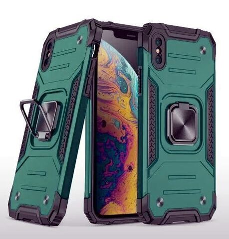 Противоударный чехол для iPhone XS Max зеленый с пластиной для магнитного автодержателя и кольцом подставкой