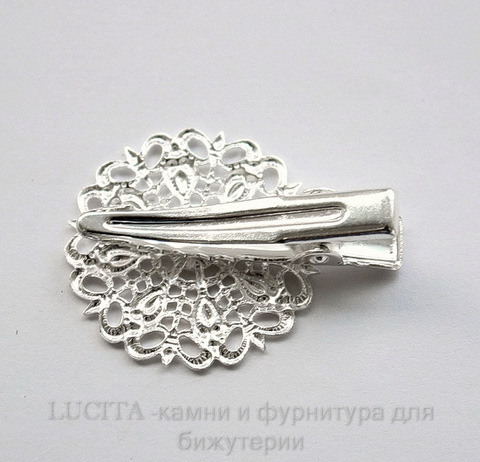 Основа для заколки с филигранью 25 мм, 32х25 мм  (цвет - серебро)