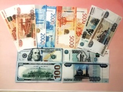 Сахарные Деньги для торта Рубли, Доллары Двухсторонние 24шт, 10*4 см (сахарная бумага, вырезаны)
