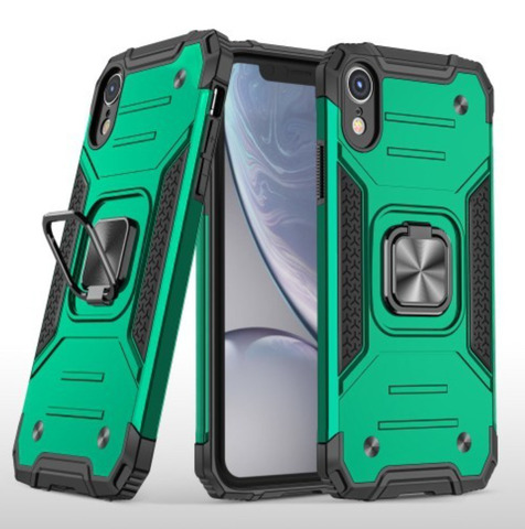 Противоударный чехол для iPhone XR зеленый с пластиной для магнитного автодержателя и кольцом подставкой