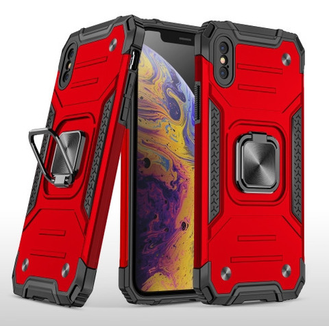 Противоударный чехол для iPhone XS Max красный с пластиной для магнитного автодержателя и кольцом подставкой