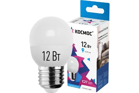 Лампа светодиодная Космос  LkeLED12wGL45E2745 цоколь E27, шар GL45, 12Вт = 110Вт, белый 4500K, световой поток 1070лм, 220 вольт - купить в компании MAKtorg