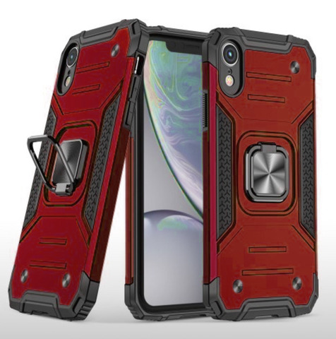 Противоударный чехол для iPhone XR красный с пластиной для магнитного автодержателя и кольцом подставкой