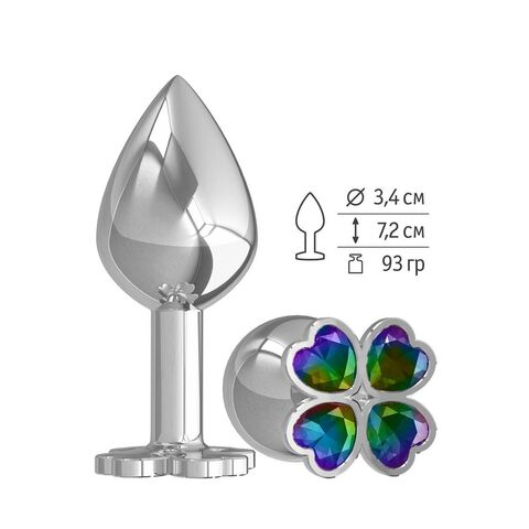Средняя серебристая анальная втулка с клевером из радужных кристаллов - 8,5 см. - Джага-Джага Анальные втулки с кристаллом 529-14 multi-DD