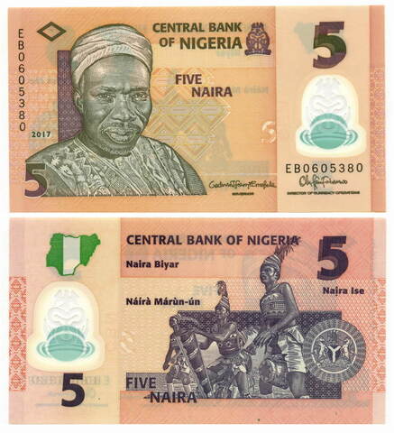 Банкнота Нигерия 5 найра 2017 год (пластик). UNC