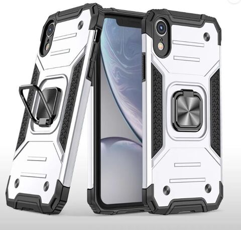 Противоударный чехол для iPhone XR серебро с пластиной для магнитного автодержателя и кольцом подставкой