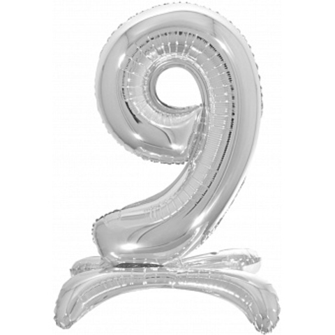 Фольгированная цифра 9, Серебряная на подставке, 81 см