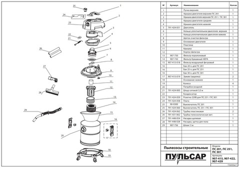 Колесо пылесоса ПУЛЬСАР ПС 201 / 251 / 301