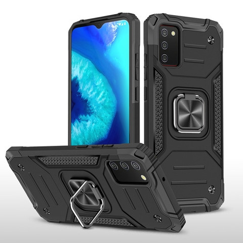 Противоударный чехол для Samsung Galaxy A02s A025 черный с пластиной для магнитного автодержателя и кольцом подставкой