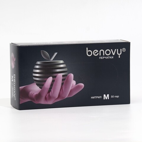 Перчатки нитрил Benovy, розовые, размер М, 2 пары