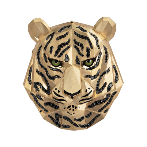 Брошь Тигр с Чёрными Бриллиантами, Эмаль, Brs0194-0/1