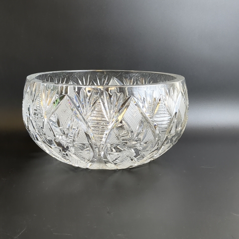 Ваза салатник хрустальный большой, алмазная грань, геометрический орнамент, винта времен СССР 1970-1990 гг 