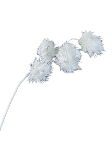 Веточка с пушистыми цветками 74см ChristmasDeLuxe белая с серебром