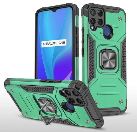 Противоударный чехол для Realme C15 зеленый с пластиной для магнитного автодержателя и кольцом подставкой, чехол на Реалми С15
