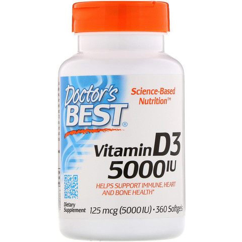 Doctor's Best, Витамин D3, 125 мг (5000 МЕ), 360 мягких таблеток