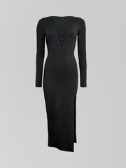 Платье 711 удлиненное с разрезом по ноге и вырезом и шнуровкой на груди