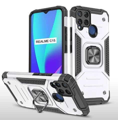 Противоударный чехол для Realme C15 серебро с пластиной для магнитного автодержателя и кольцом подставкой, чехол на Реалми С15