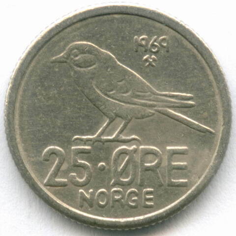 25 эре 1969 год. Норвегия (Улаф V). Синица. Медно-никель, диаметр 17 мм. VF-XF