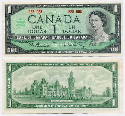 Юбилейная банкнота Канада 1 доллар 1967 год. 100 лет Конфедерации. XF