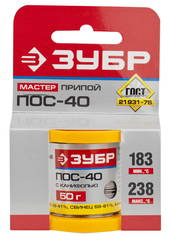 Припой ЗУБР, ПОС 40, трубка с канифолью, 50г, 0,8мм (55451-050-08C)