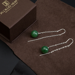 Серьги-протяжки Luna. Серебро, зелёный нефрит.