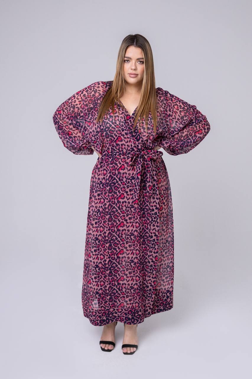 Платье-кимоно, принт леопард, розовый