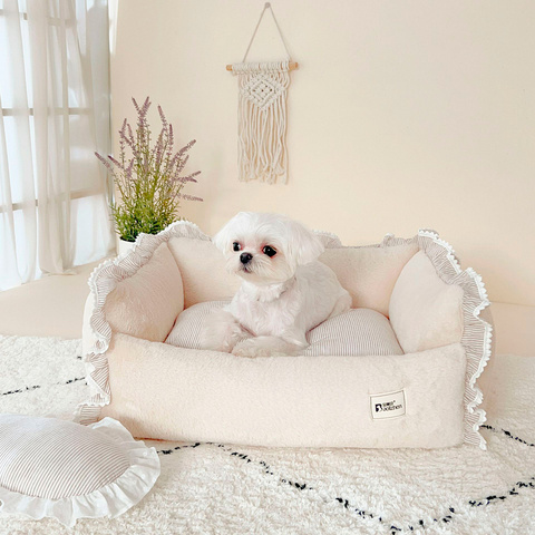 2063 Лежанка прямоугольная, кремовая, оборка в БЕЖЕВУЮ полоску PREMIUM (чехлы съёмные) + овальная подушечка в комплекте