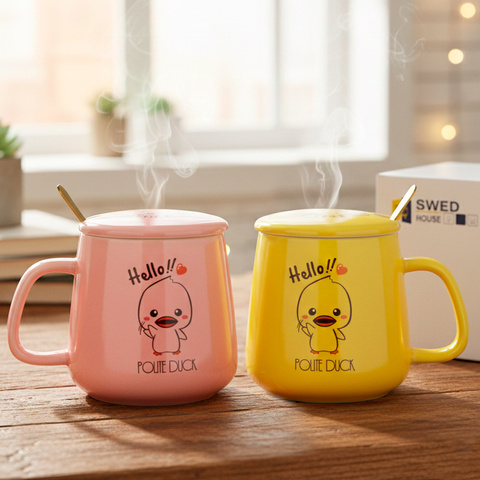 Керамическая кружка с крышкой и ложкой, 9,8*8 см, розовый/желтый, 410 мл