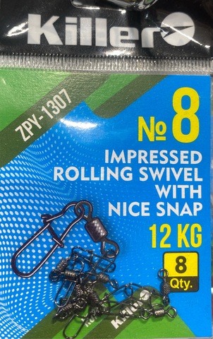 Карабин с вертлюгом Killer Impressed Rolling Swivel №8, арт1307