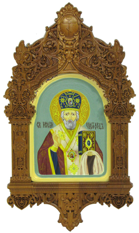 Рукописная икона Святитель Николай, архиепископ Мир Ликийский (Мирликийский), чудотворец на кипарисе 20х15см в резном киоте