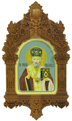 Рукописная икона Святитель Николай, архиепископ Мир Ликийский (Мирликийский), чудотворец на кипарисе 20х15см в резном киоте