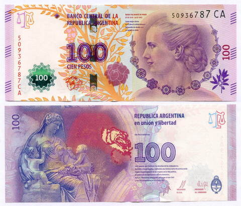 Памятная банкнота Аргентина 100 песо 2012 (2017) год 50936787 CA. Эва Перон. UNC