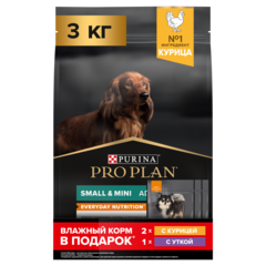 ПРОМО! Pro Plan сухой корм для собак мелких пород чувст кож (курица) 3кг+3х85г