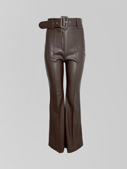 Брюки однотонные кожаные клеш от колена со стрелками