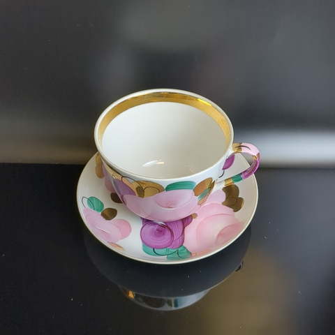 Чайная пара гигант фарфор Дулево ФЗ, красное клеймо, Агашки, роспись цветы ручная, позолота, винтаж СССР 1968-1991 гг