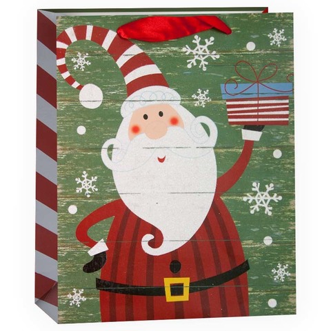 Пакет подарочный, Дед Мороз с подарком, Зеленый, с блестками, 42*31*12 см