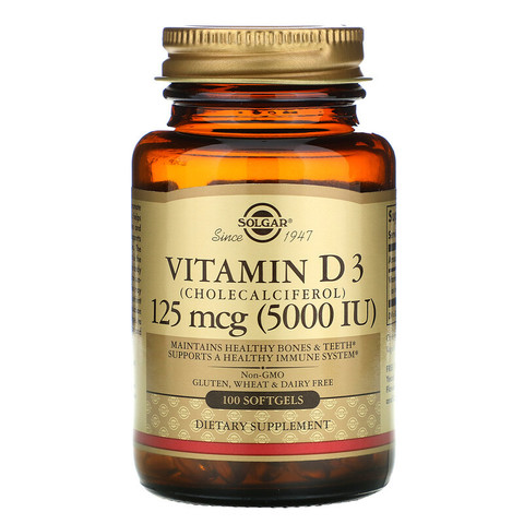 Solgar, витамин D3 (холекальциферол), 125 мкг (5000 МЕ), 100 softgels