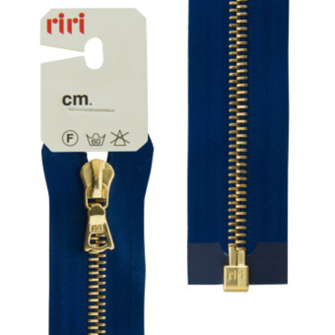 Молния металл Riri, на атласной тесьме, 6 мм,  золотистая, цвет 9603, синий