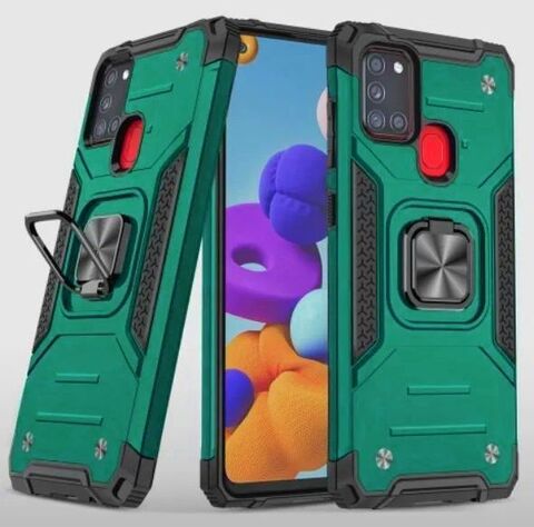 Противоударный чехол для Samsung Galaxy A21s зеленый с пластиной для магнитного автодержателя и кольцом подставкой / чехол для Самсунг Галакси А21c