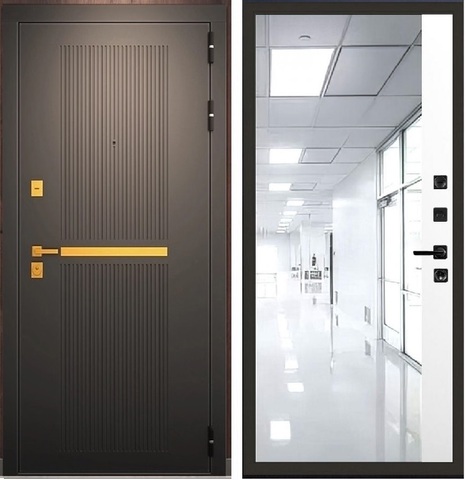 Входная металлическая дверь с зеркалом Брендорс Арт Деко 075 Зеркало 3D Белый софт (черная фурнитура)